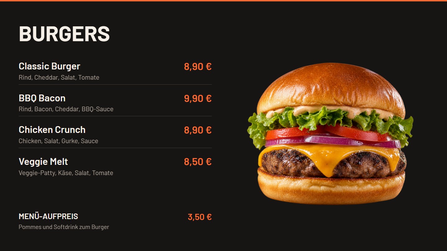 Digitale Menütafel mit Burgern und aktuellen Preisen