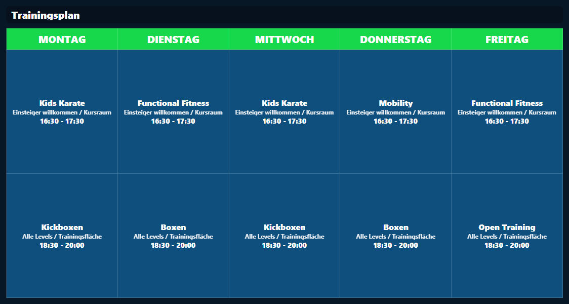 Training schedule preview with five weekdays and sample classes